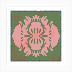 Pink Floral Pattern Old Folk Art Tiles Art Print