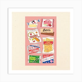 90s Snacks Pink Square Art Print