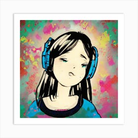 Girl With Headphones Art Print