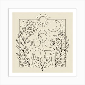 Line Drawing Of A Woman With Flowers Art Print