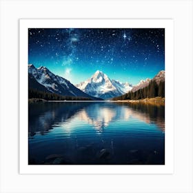 Firefly Mountains, Snow Capped, Towering, Background, Tranquil, Lake, Foreground, Reflecting, Starry (10) Art Print