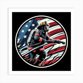 Firefighter With American Flag 1 Art Print