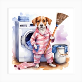 Cute Dog In Pajamas Doing Laundry Art Print