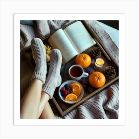 Young Woman In Bed With Book And Oranges Art Print