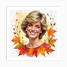 Smiling Princess Diana With Colorful Watercolor Autumn Leaves Around 1 Art Print