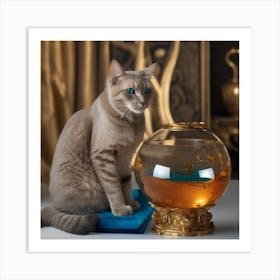 Cat With Fish Bowl Art Print