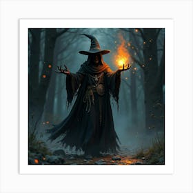 Black Magic Sorcerer With Watercolor Glowing Symbols 1 Art Print