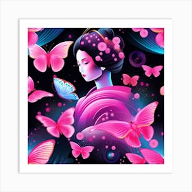 Geisha With Butterflies 1 Art Print