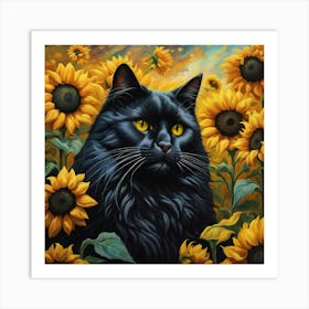 Black Cat In Sunflowers Art Print