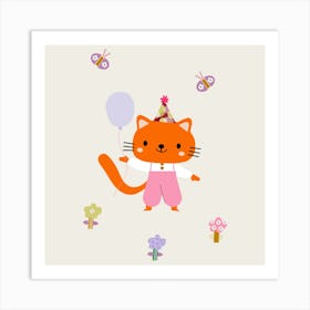 Cute cat with flowers and butterflies. 1 Art Print