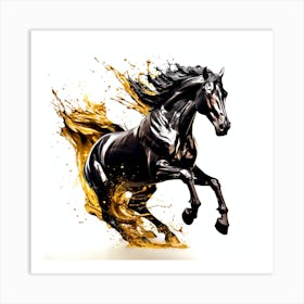 Black Horse With Gold Splash Art Print