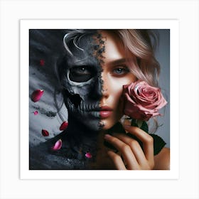 Woman With A Skull And Roses Art Print