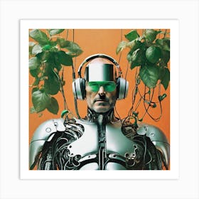 Robot With Headphones And Plants Art Print