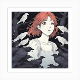 Manga Girl and Crows Art Print