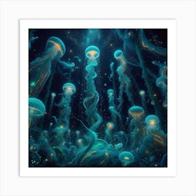 Whispers of the Deep: Bioluminescent Dreams in Watery Depths 1 Art Print