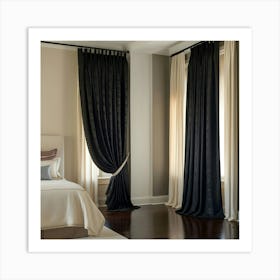 A Serene Main Bedroom Suite With Floor To Ceiling, Rich Black Curtains Adorned With Subtle, Intricate Patterning, Beautifully Draped In A Flowing, Smooth Fold, Blending Seamlessly 1 Art Print