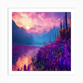 Purple Flowers In A Lake Art Print