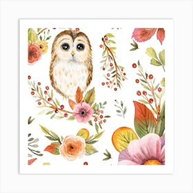 Owls With Flowers Terracotta Green Square Art Print