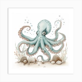 Storybook Style Octopus With Rocks 2 Art Print