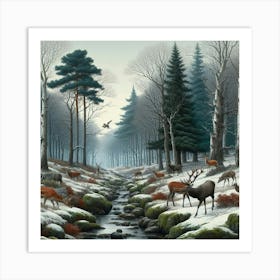 Deer In The Snow, Acrylic Painting Style Art Print