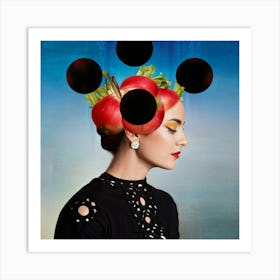 Surreal Portrait Woman In Side Profile With Rhubarb Balanced Atop Her Head Black Circles Covering Art Print