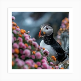 Puffin Bird In Flowers Art Print