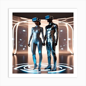 Futuristic Couple In Vr Headsets Art Print