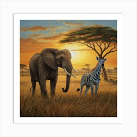 Zebra And Elephant At Sunset Art Print