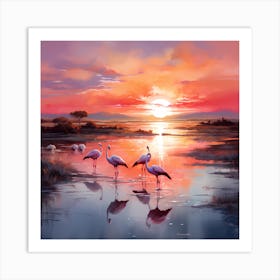 Sunrise Serenity: Flamingos Embracing the Dawn Art Print