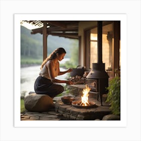 Woman Cooking On An Open Fire Art Print