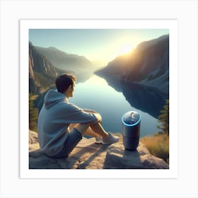 Man Sitting On A Rock Looking At The Lake Art Print