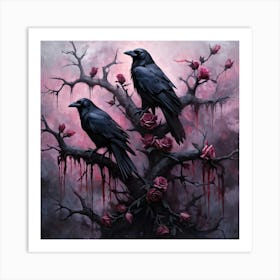 Gothic Style Digital Painting Of Black Crows Perched On Intertwining Thorny Branches Amidst Barren Art Print