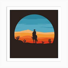 Sunset Cowboy Man Cactus Horse Desert Art Print