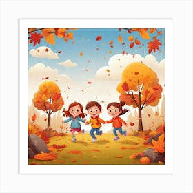 Autumn Children Running In The Park Art Print