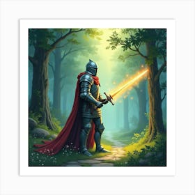 Knight Of Light Wielding A Glowing Sword In A Sacred Forest, Watercolor 1 Art Print