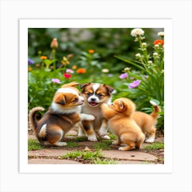 Puppies and kittens in beautiful green garden 2 Art Print