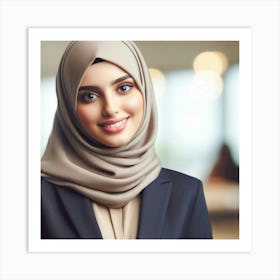 A young, beautiful, and confident woman wearing a hijab smiles at the camera. She is wearing a suit and has her hair covered. The background is blurred, and the woman is in focus. The photo is taken at a close-up angle, and the woman's expression is one of happiness and contentment. Art Print