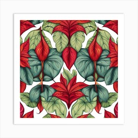 Seamless Pattern With Red And Green Leaves Art Print