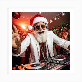 A Silver Haired Senior Man Sporting A Beard And Red Santa Hat Immerses Himself In The Rhythms Of A (1) Art Print