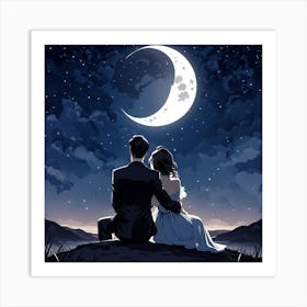 Couple Looking At The Moon, A Single Elegant Line Drawing Of A Men And Woman Art Of Sitting To Gather Alone Back Side Pose Art Print