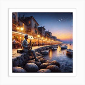 Saxophone Player At Sunset Art Print