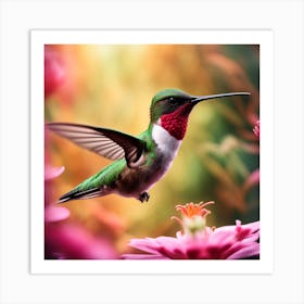 Emphasise On A Ruby Throated Hummingbird Energetic In Nature Feeding On Nectar From Alluring Bloom 13568030 (1) Art Print