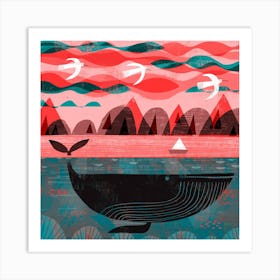 Pink Sky Whale Square Art Print