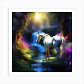 White Horse by Sunlit Waterfall Art Print