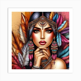 Indian Woman With Feathers 1 Art Print