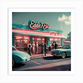 A Nostalgic Exterior Scene Of A Retro Diner, Set In The 1960s, Bathed In A Warm, Monochromatic (2) Art Print