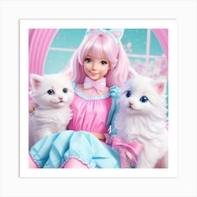 Cute Girl With Two White Cats Art Print