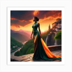 Beautiful Woman In Green Dress At Sunset Art Print