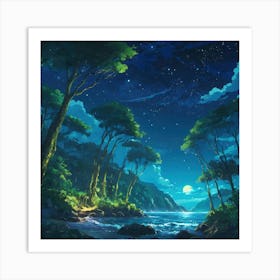 Night Scene With River & Trees Art Print