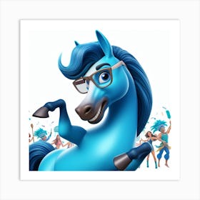 Blue Horse With Glasses 5 Art Print